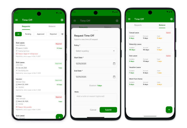 Time off request mobile interface