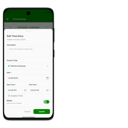 Mobile app time entry interface