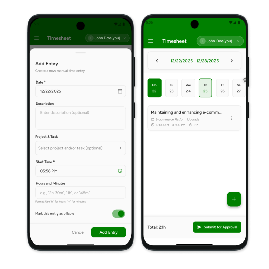 Timesheet entry interface on mobile