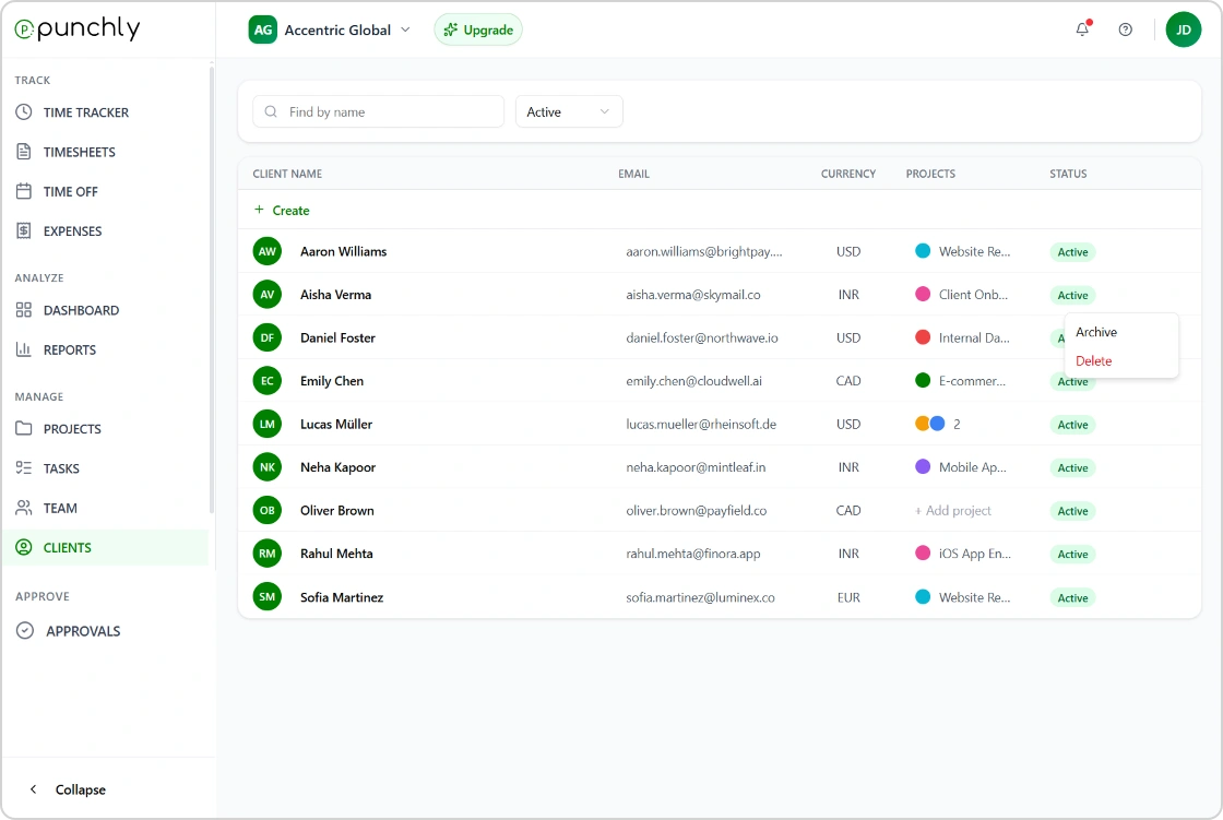 Punchly clients management screen