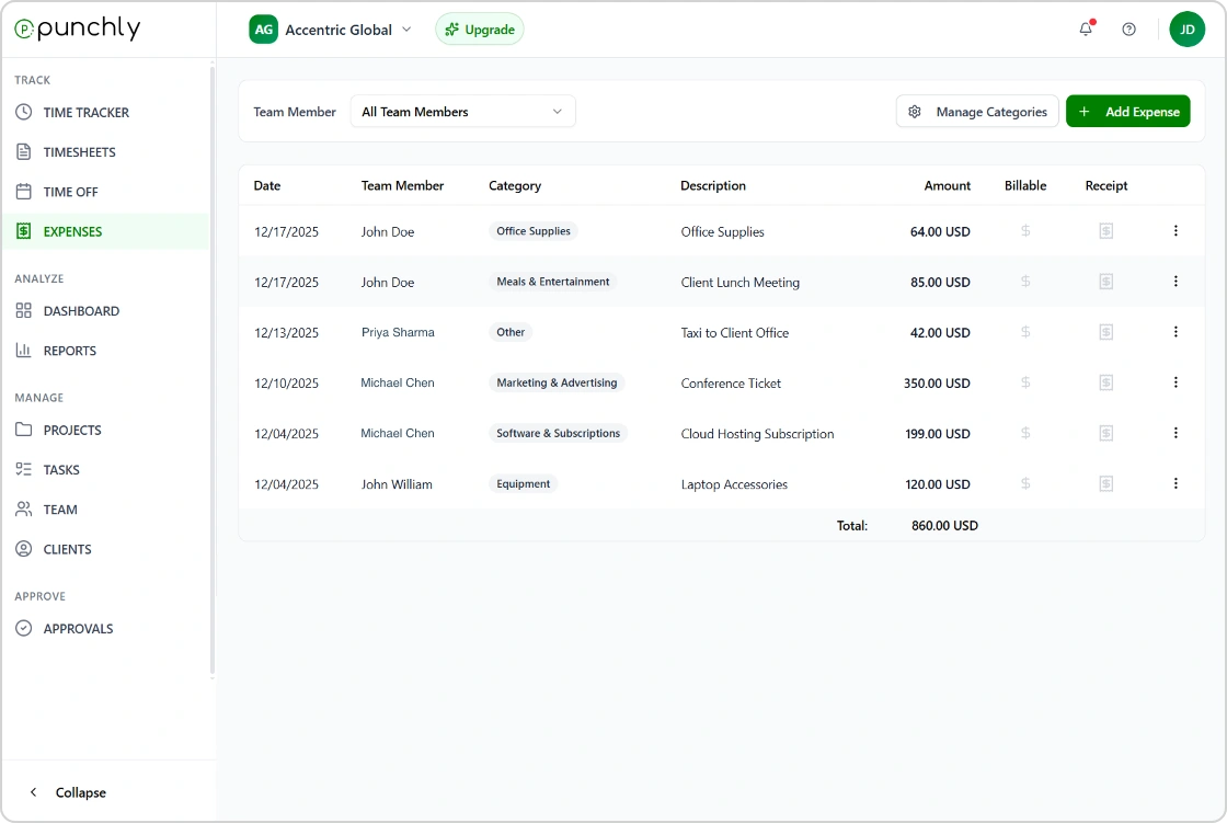 Punchly expense tracking screen