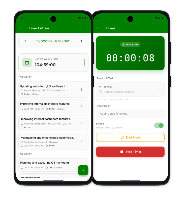 Punchly Android time tracking app
