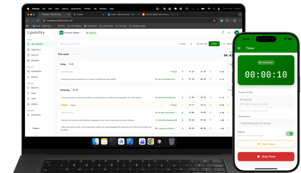 Track time by task, feature, or project - Punchly for developers