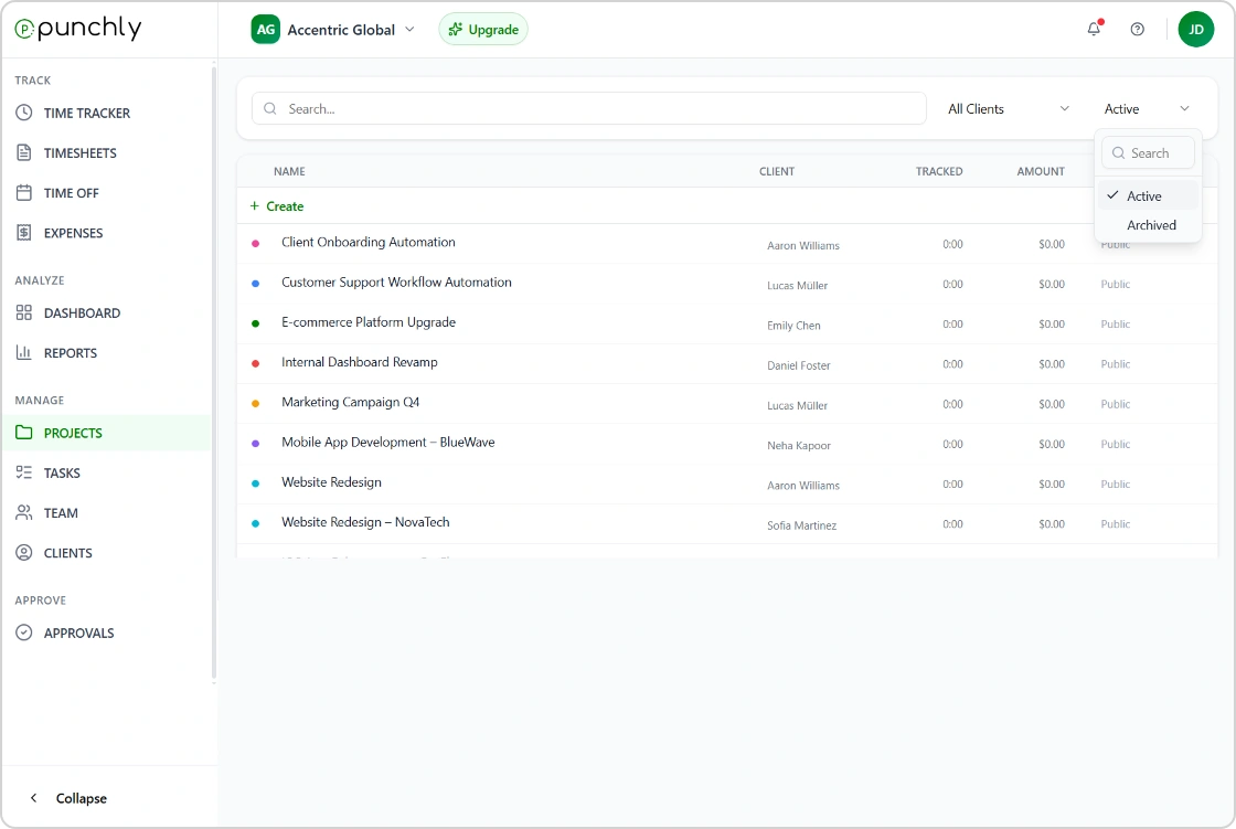 Punchly projects tracking screen