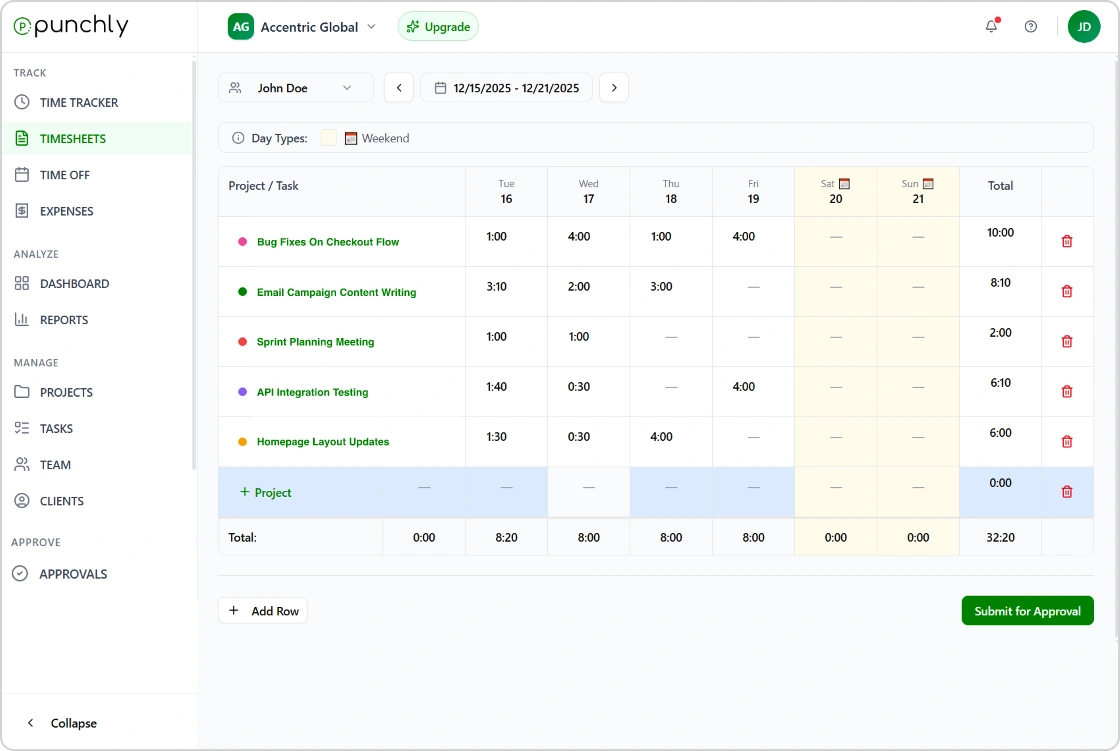 Punchly timesheets management screen