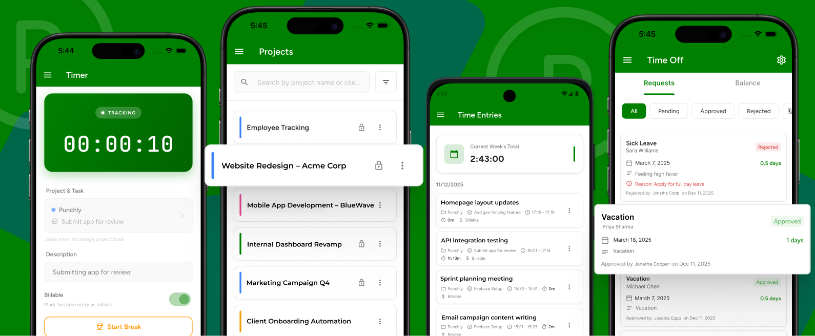 Punchly mobile time tracking app on phones