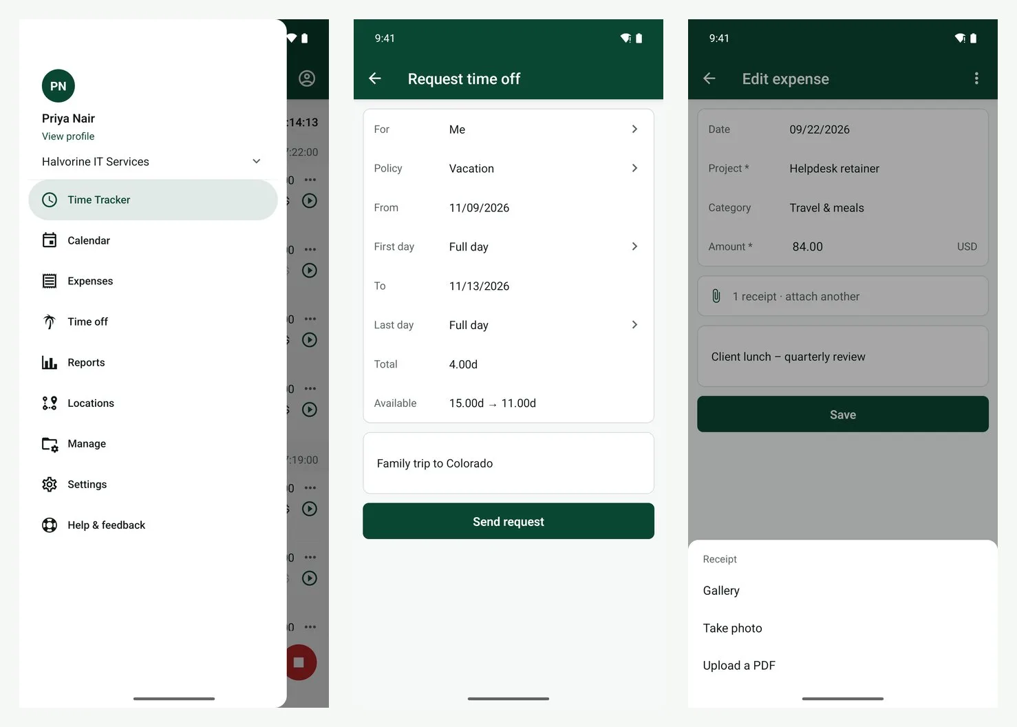Three phone screens: the menu, a time off request, and attaching a receipt to an expense.