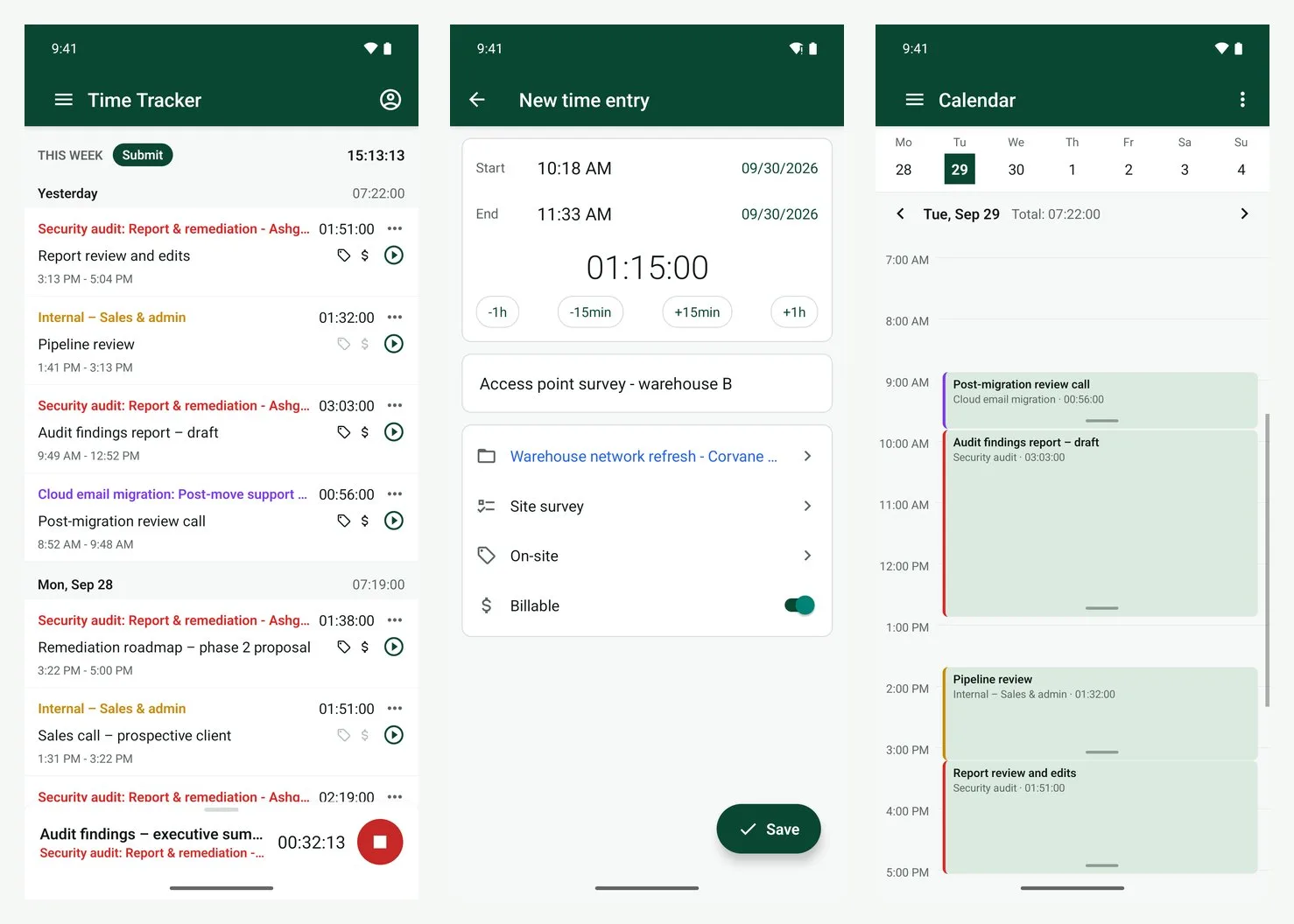 Three phone screens: the Time Tracker with a running timer, a new time entry, and the Calendar day view.
