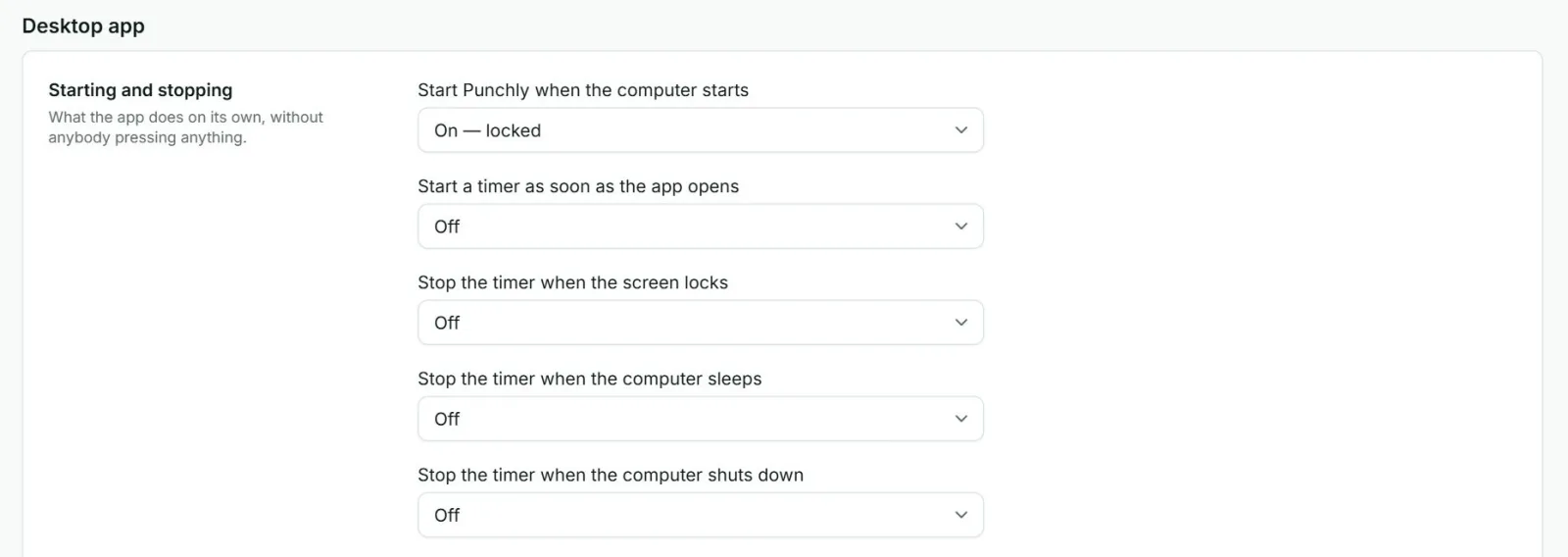 The Desktop app section of Workspace settings, with switches for starting and stopping.