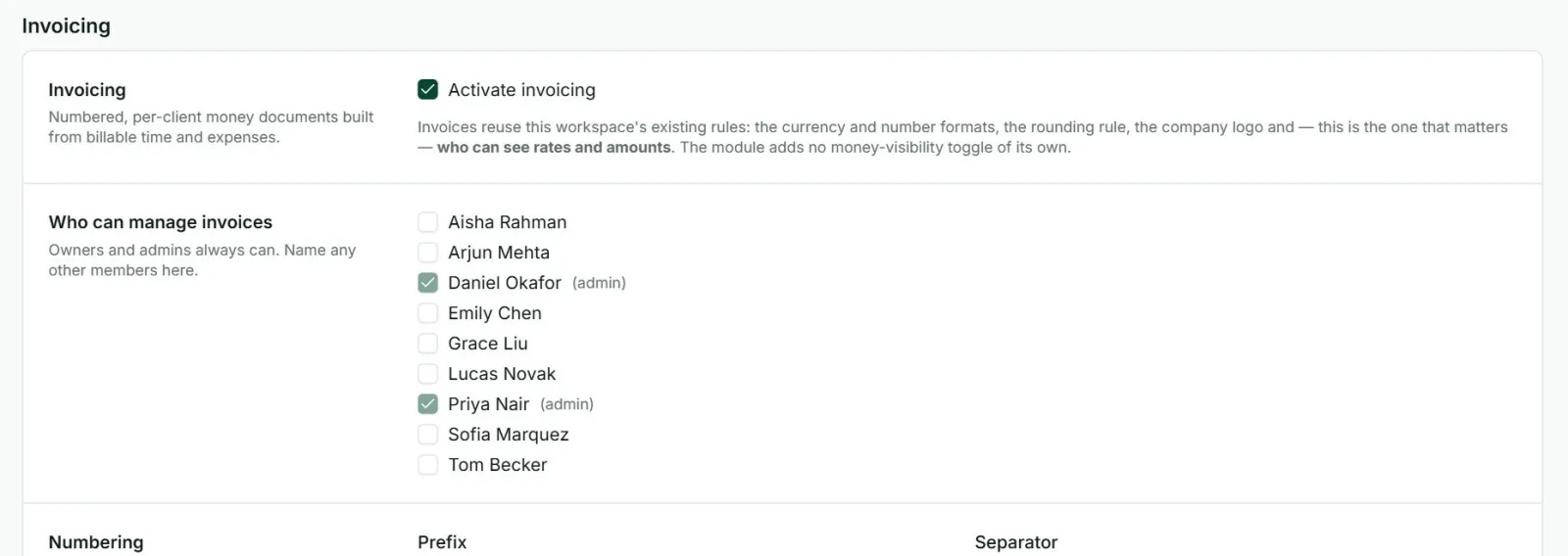 The Invoicing section of Workspace settings.