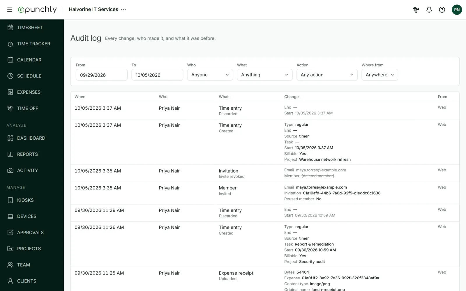 The Audit log with filters and a table of when, who, what, the change and where from.