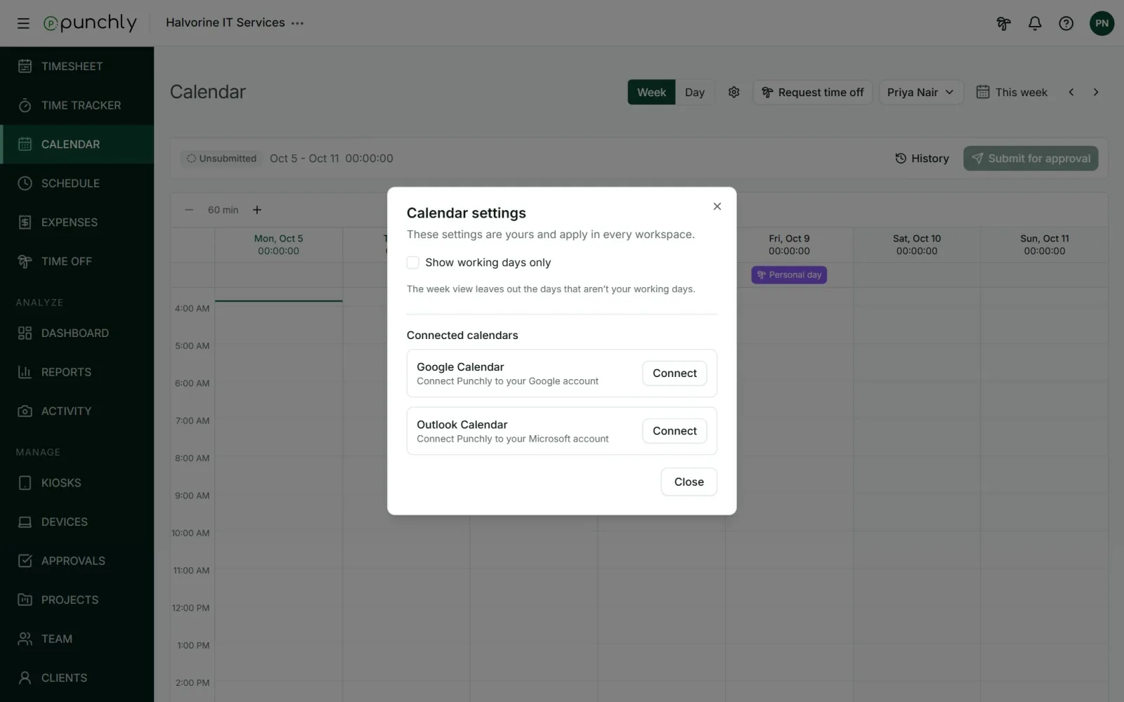 The Calendar settings dialog with Show working days only and Connected calendars.