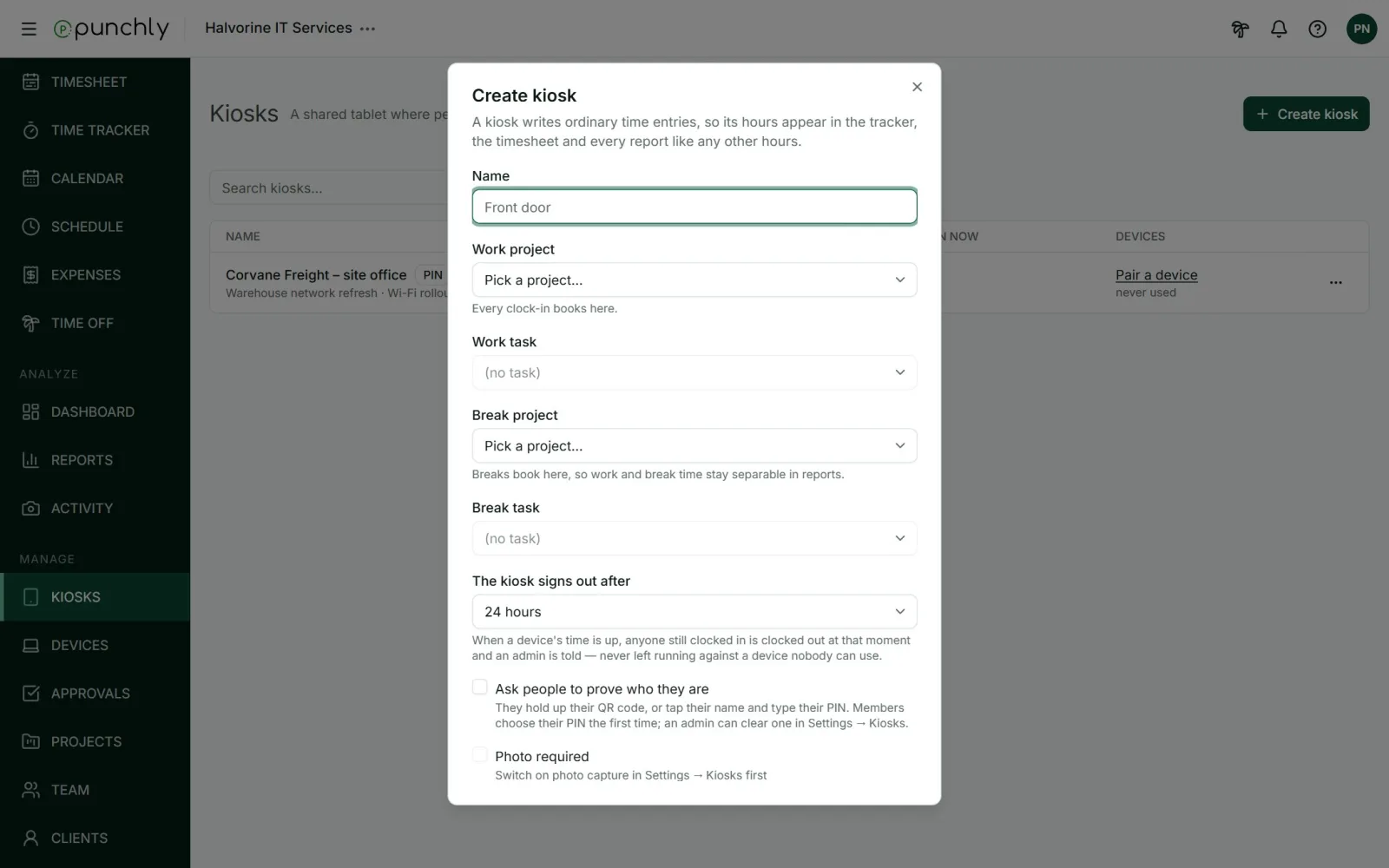 The Create kiosk dialog.