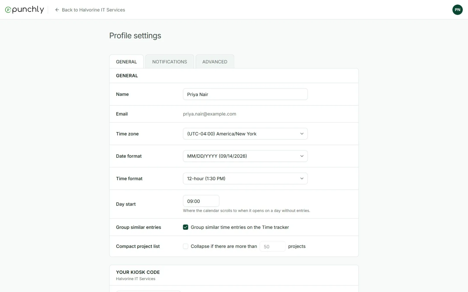 Profile settings on the General tab: name, email, time zone, date format, time format.