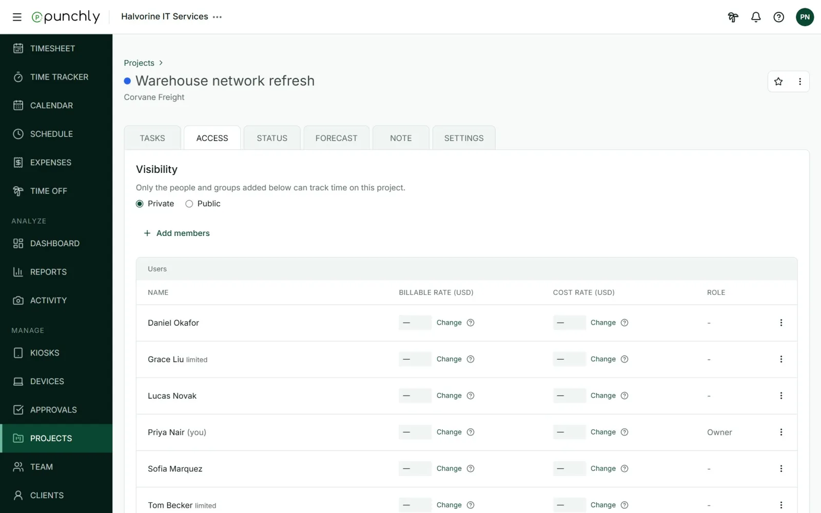 A project's Access tab: Private or Public, and the list of users with their rate and role.