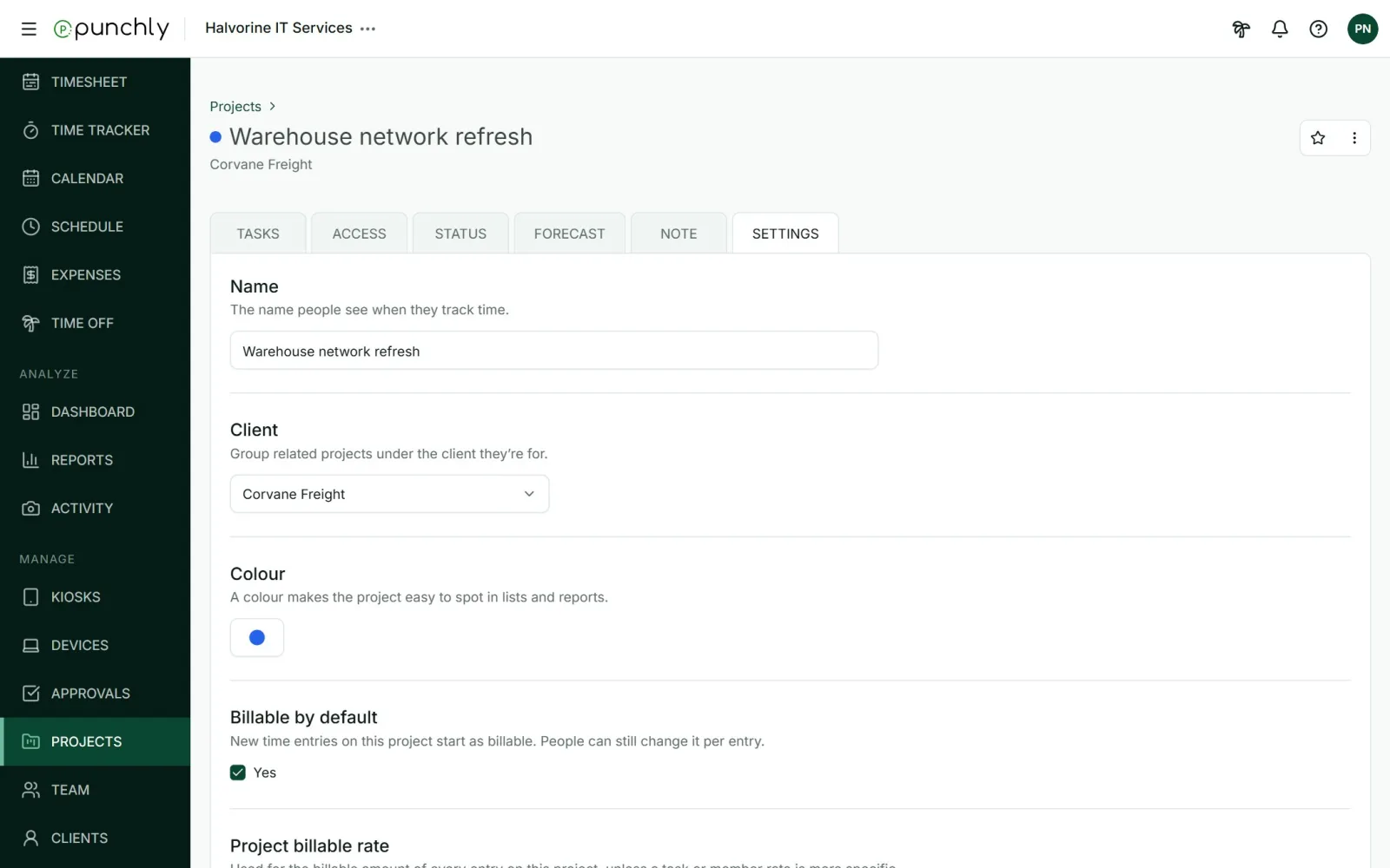 A project's Settings tab with name, client, colour, billable by default, rates and the estimate.
