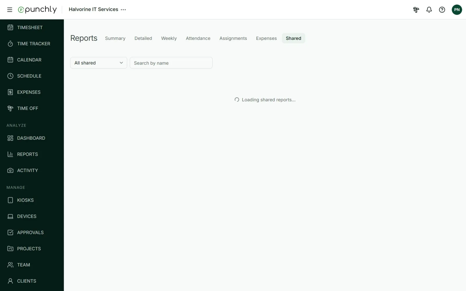 The Shared tab listing shared reports with their labels, link and number of views.