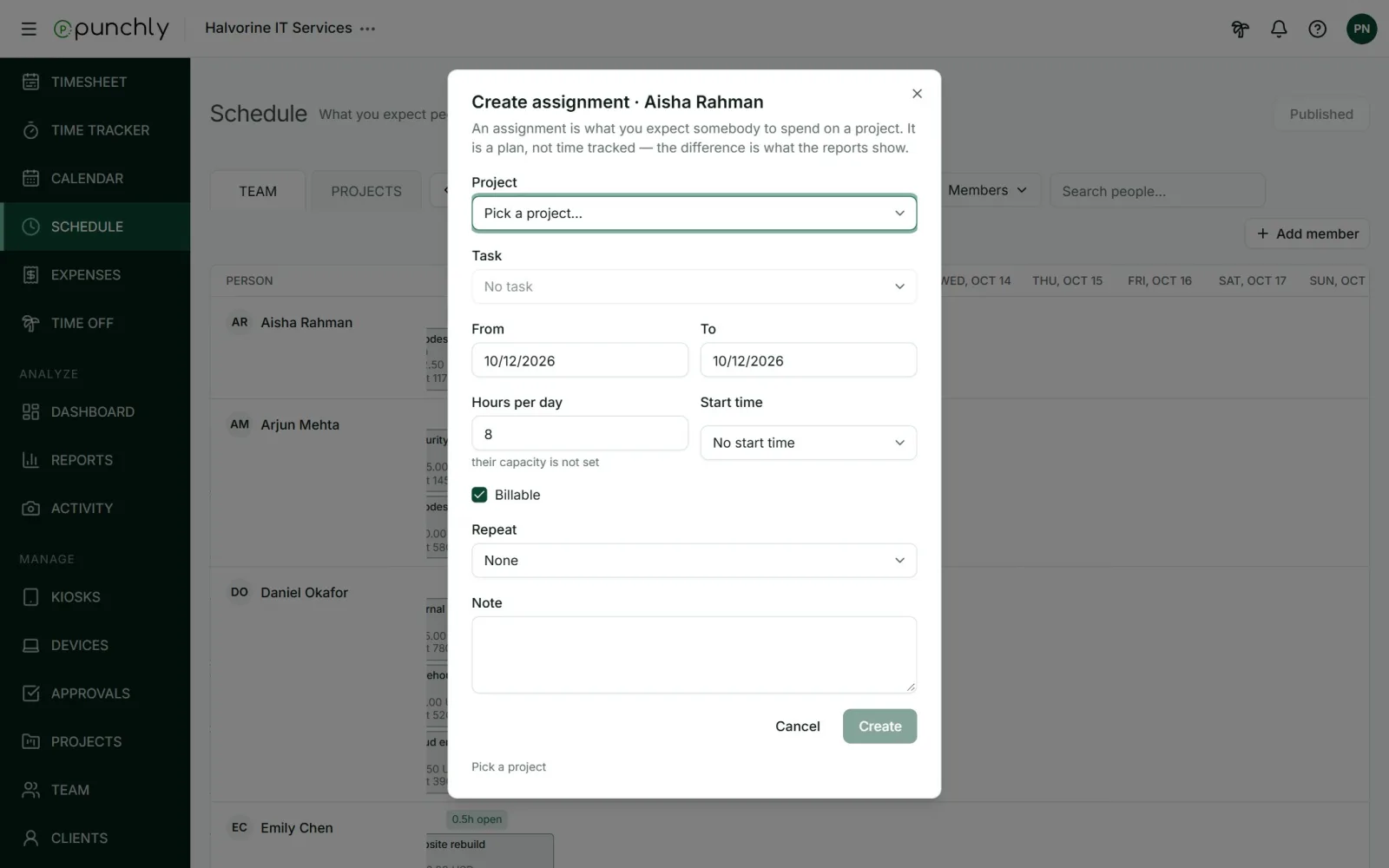 The Create assignment dialog with project, task, dates, hours per day, start time, billable, repeat and note.