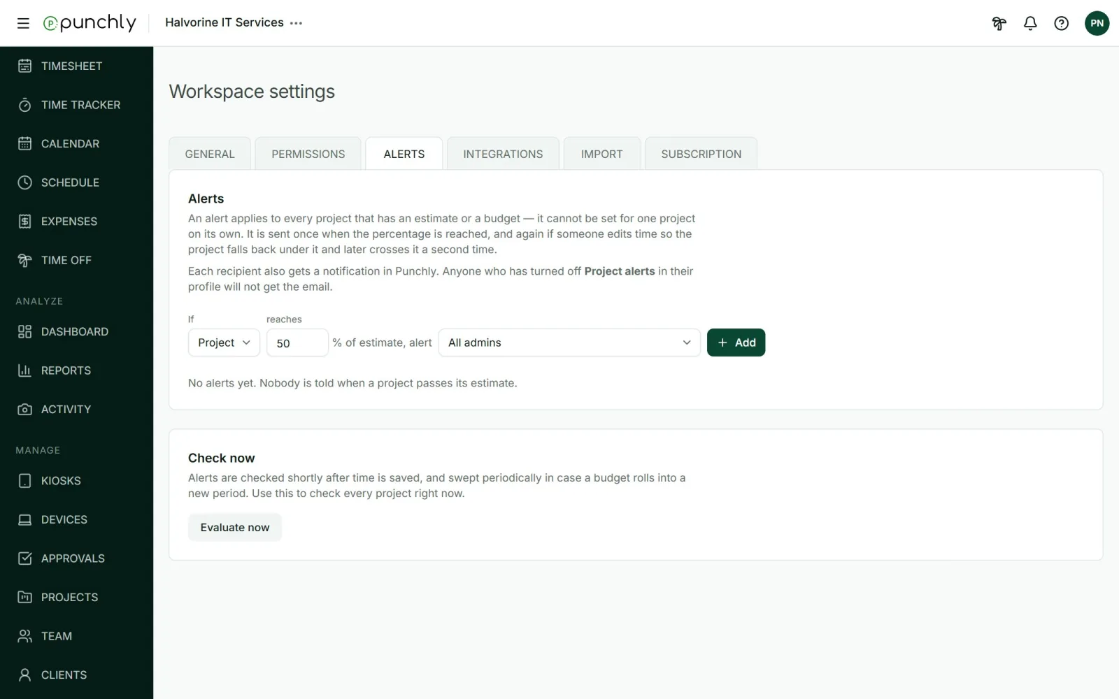 The Alerts tab of Workspace settings with a rule sentence and an Add button.