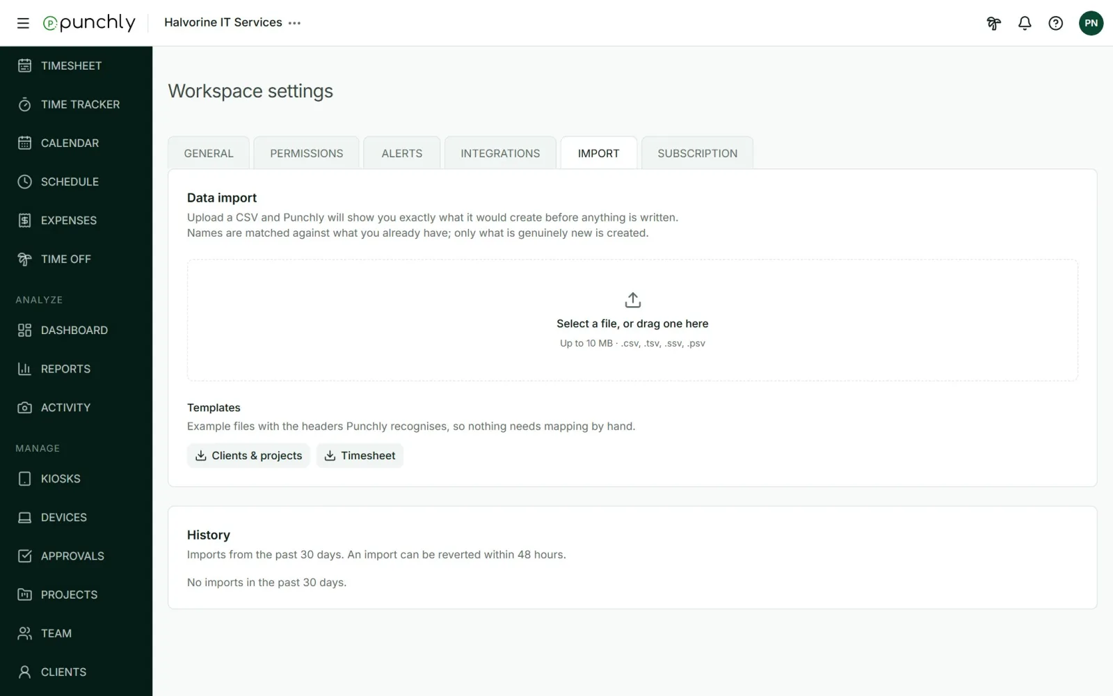 The Import tab with a box to select or drop a file, and templates to download.