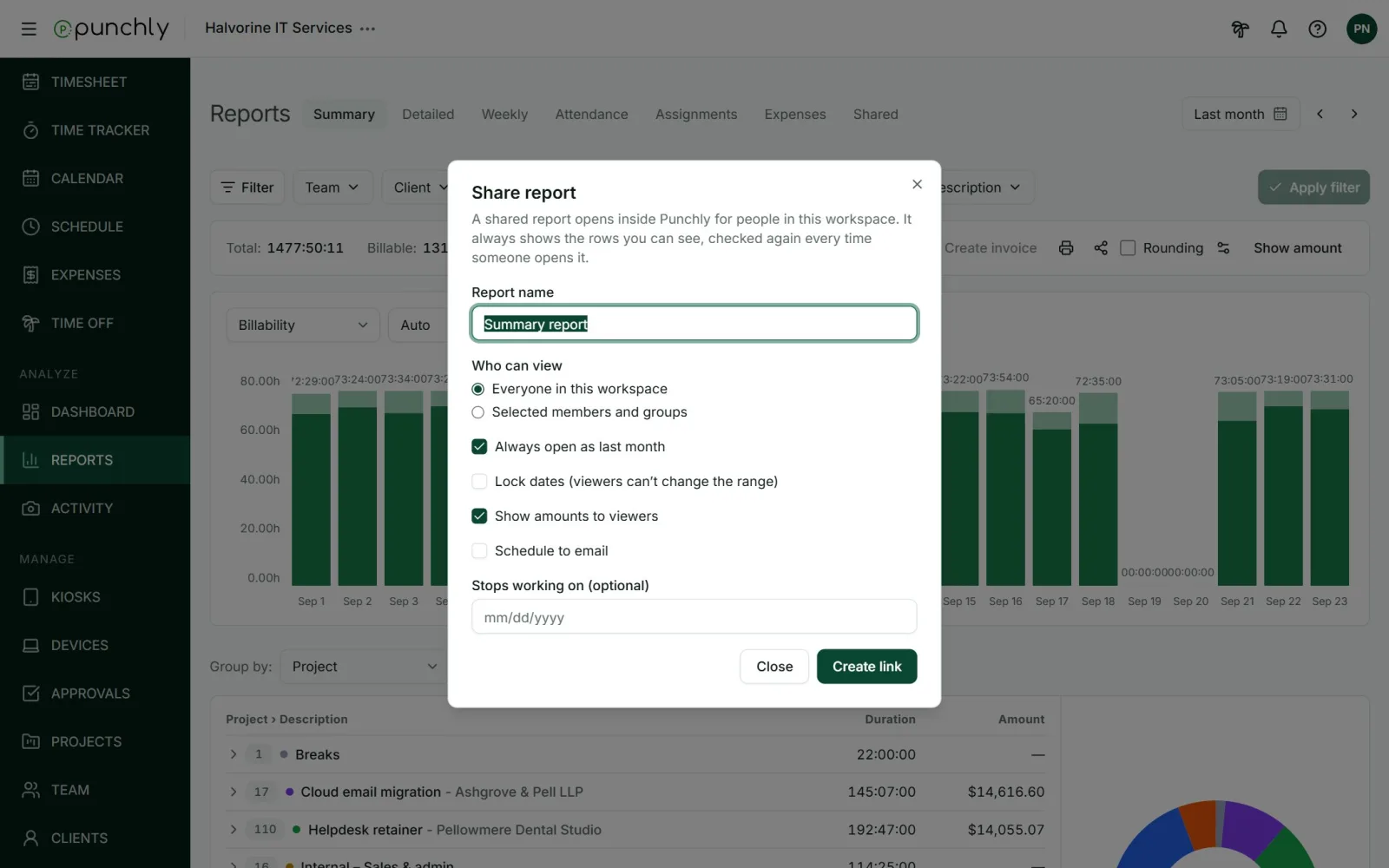 The Share report dialog with report name, who can view, date options and schedule to email.