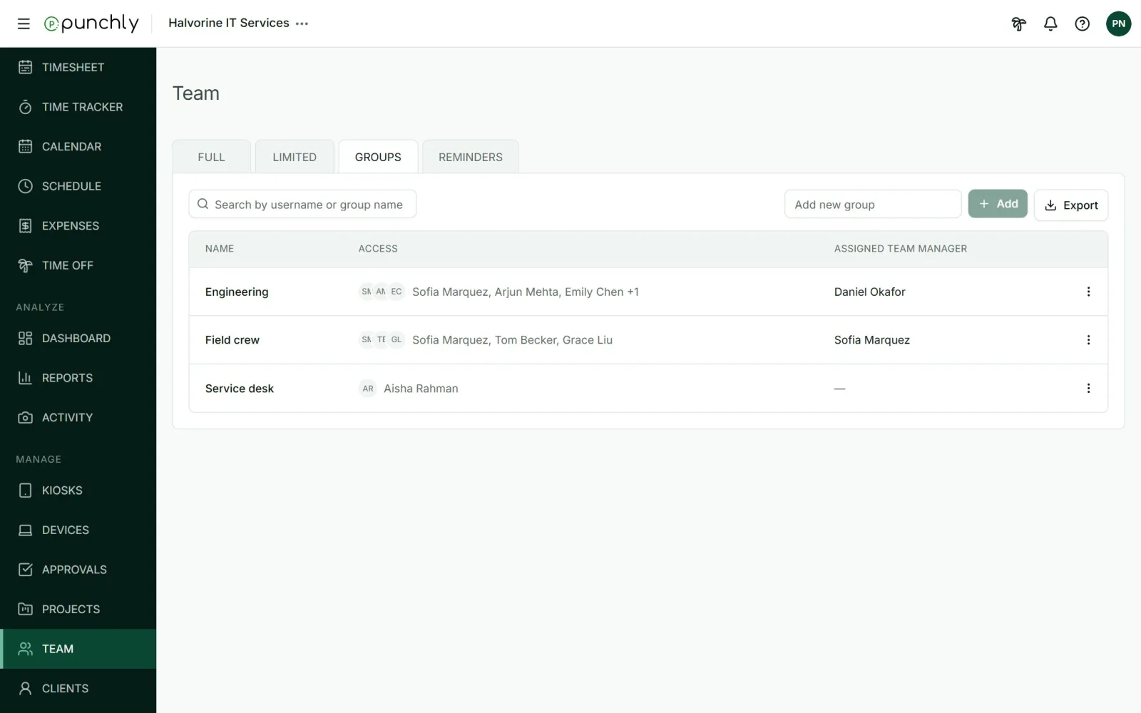 The Groups tab with each group's members and assigned team manager.