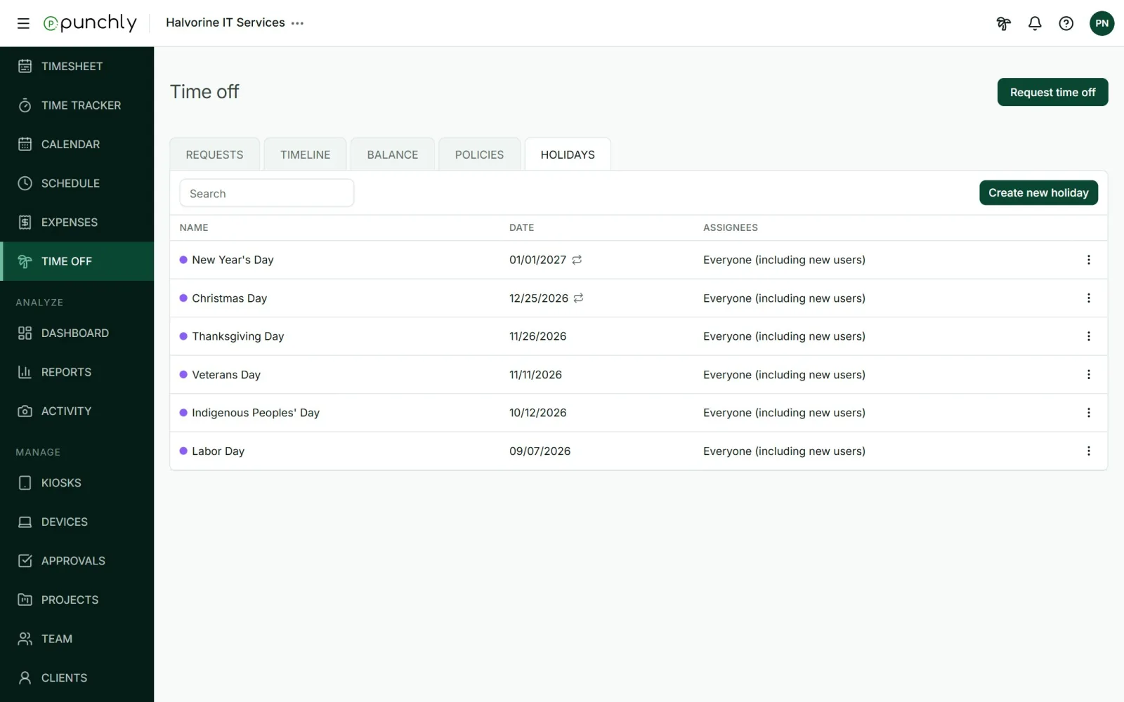 The Holidays tab with each holiday's name, date and assignees.