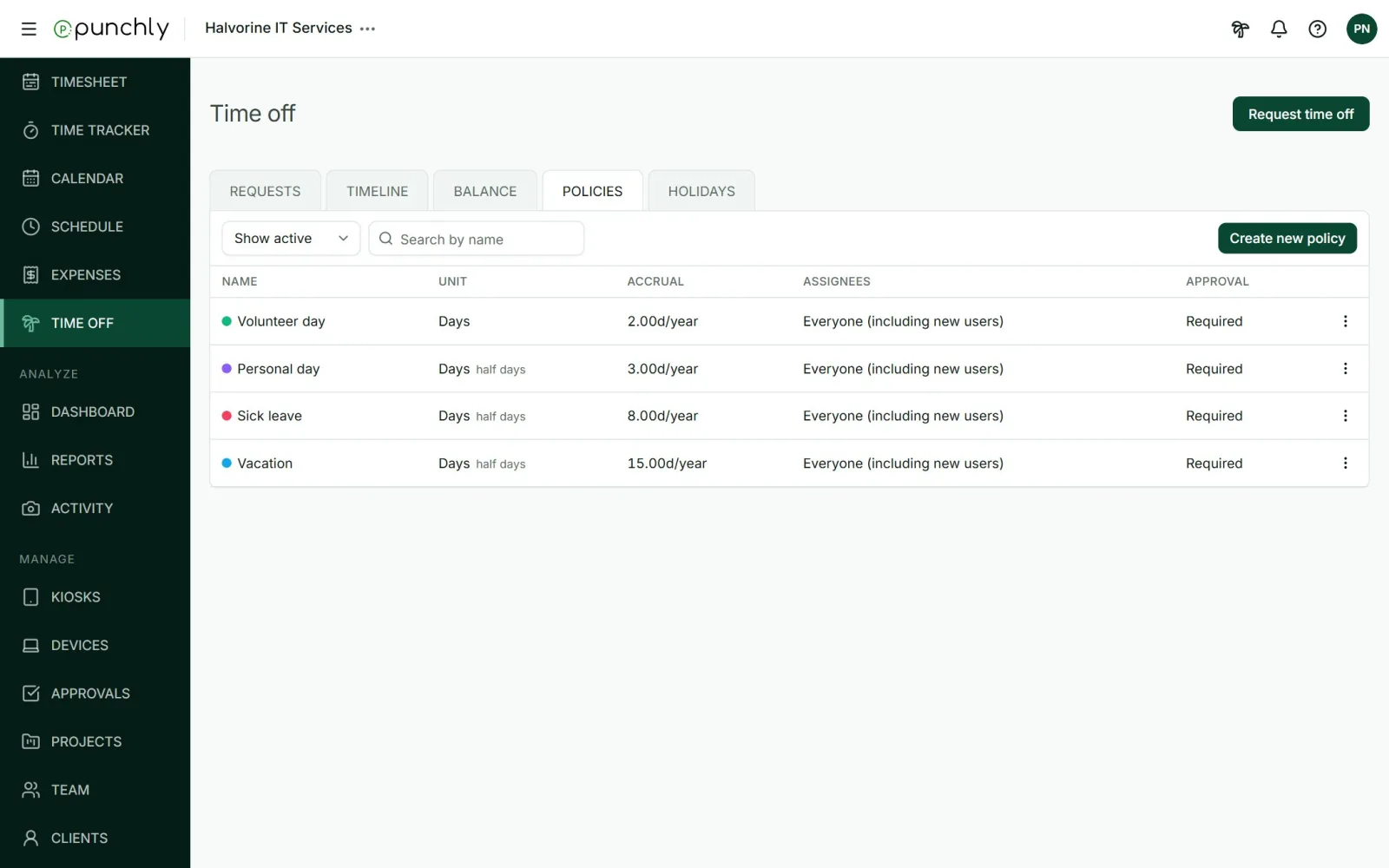 The Policies tab listing each policy with its unit, accrual, assignees and whether approval is required.