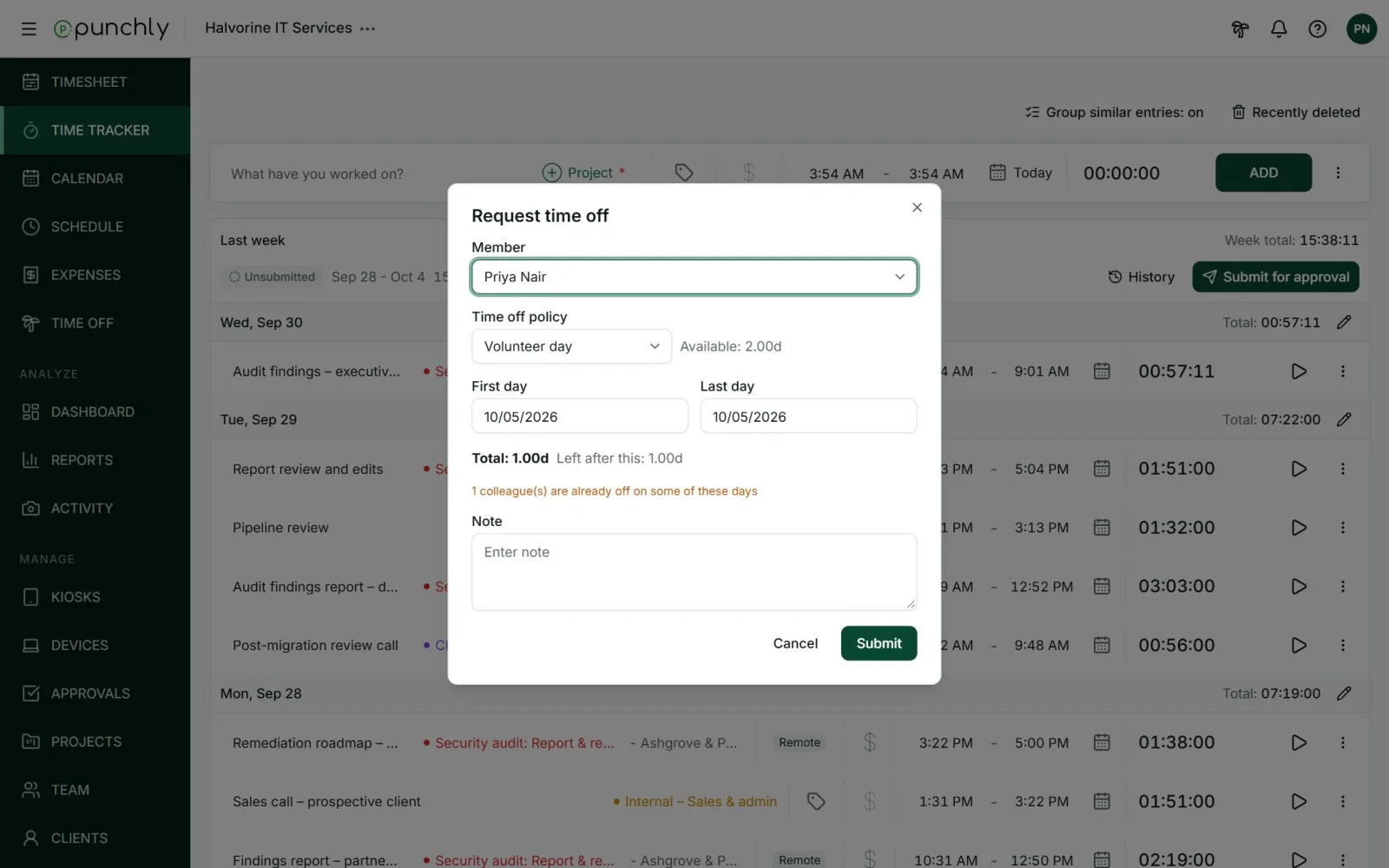 The Request time off dialog: policy, first day, last day, total and what is left after.