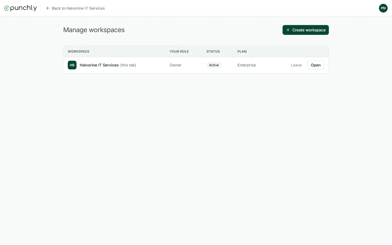 The Manage workspaces page listing each workspace with your role, status and plan.
