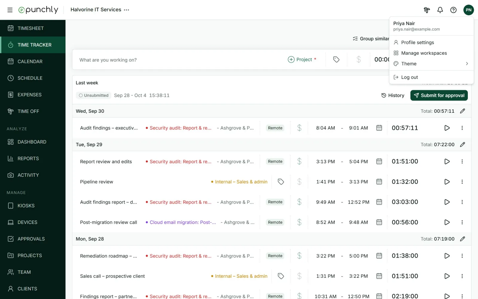 The account menu: Profile settings, Manage workspaces, Theme, Log out.