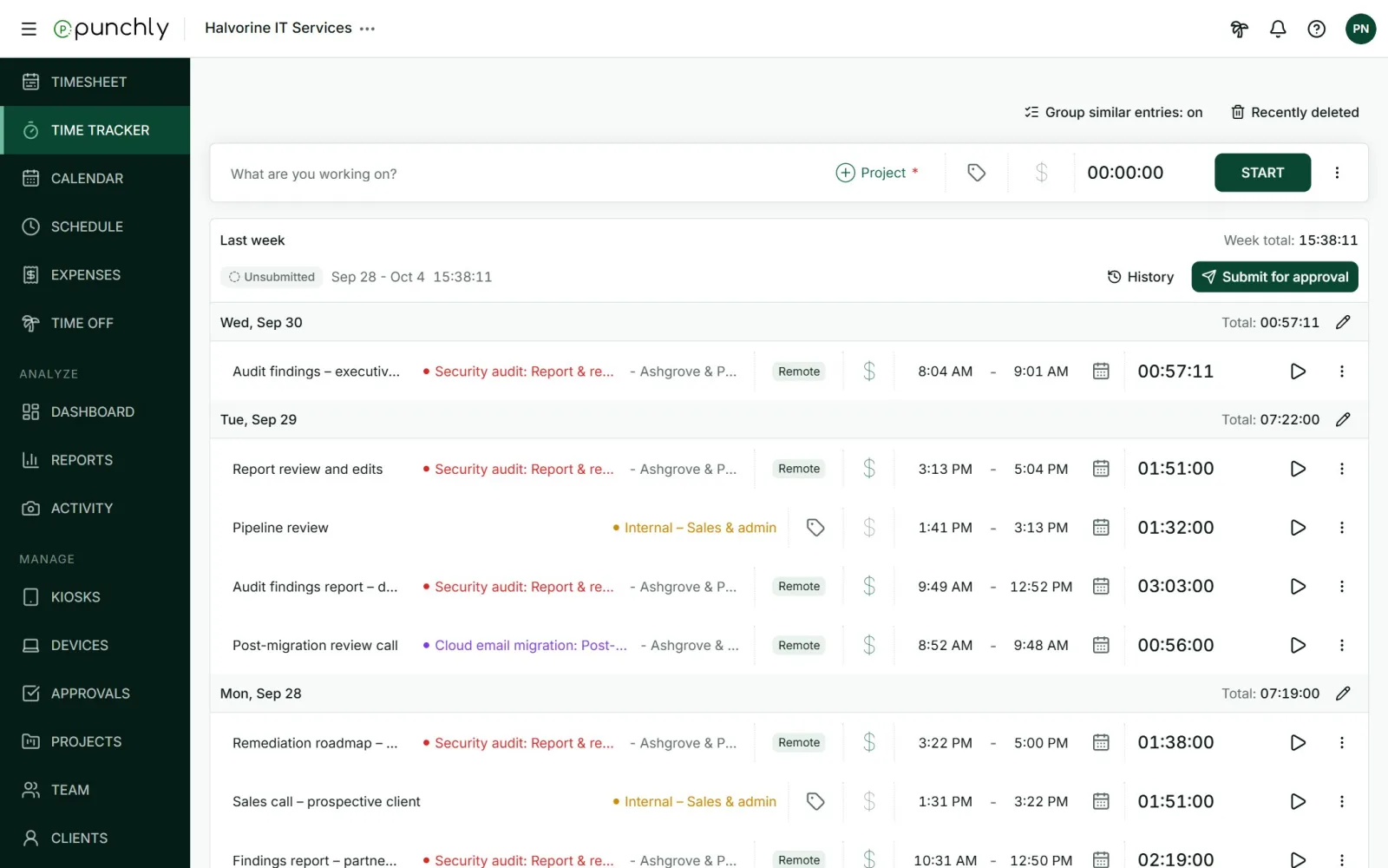 The Time tracker with a week bar showing Unsubmitted, the period, the total and a Submit for approval button.
