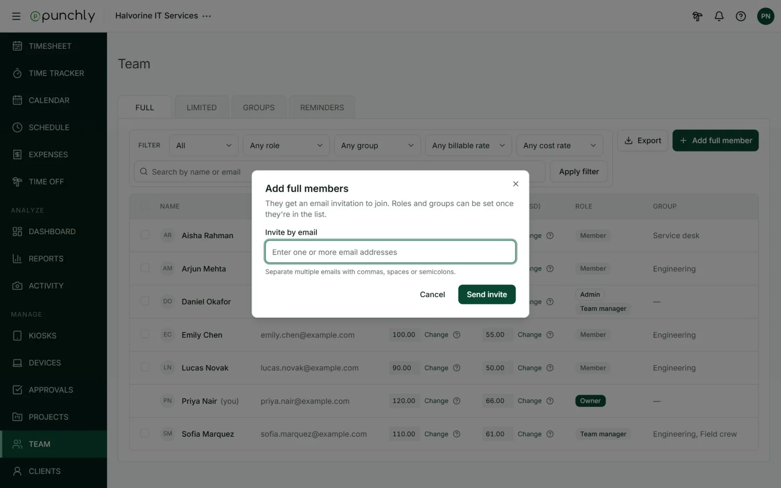 The Add full members dialog with an Invite by email box.