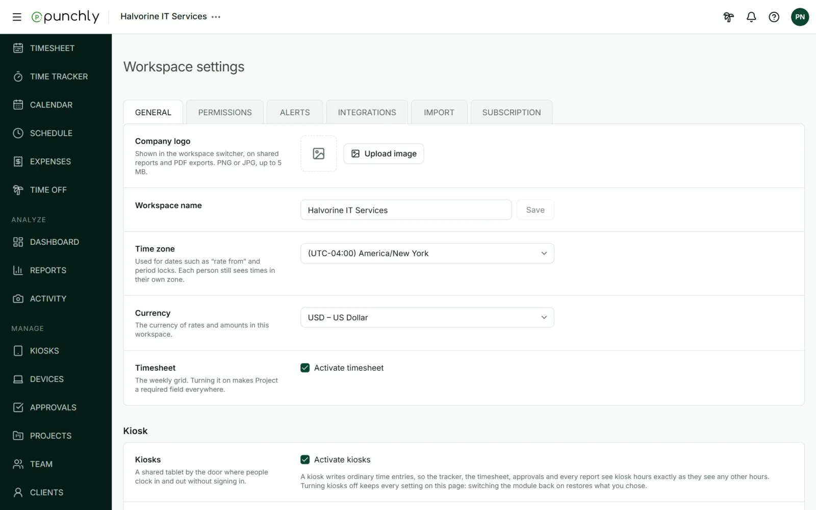 Workspace settings on the General tab: company logo, workspace name, time zone, currency.
