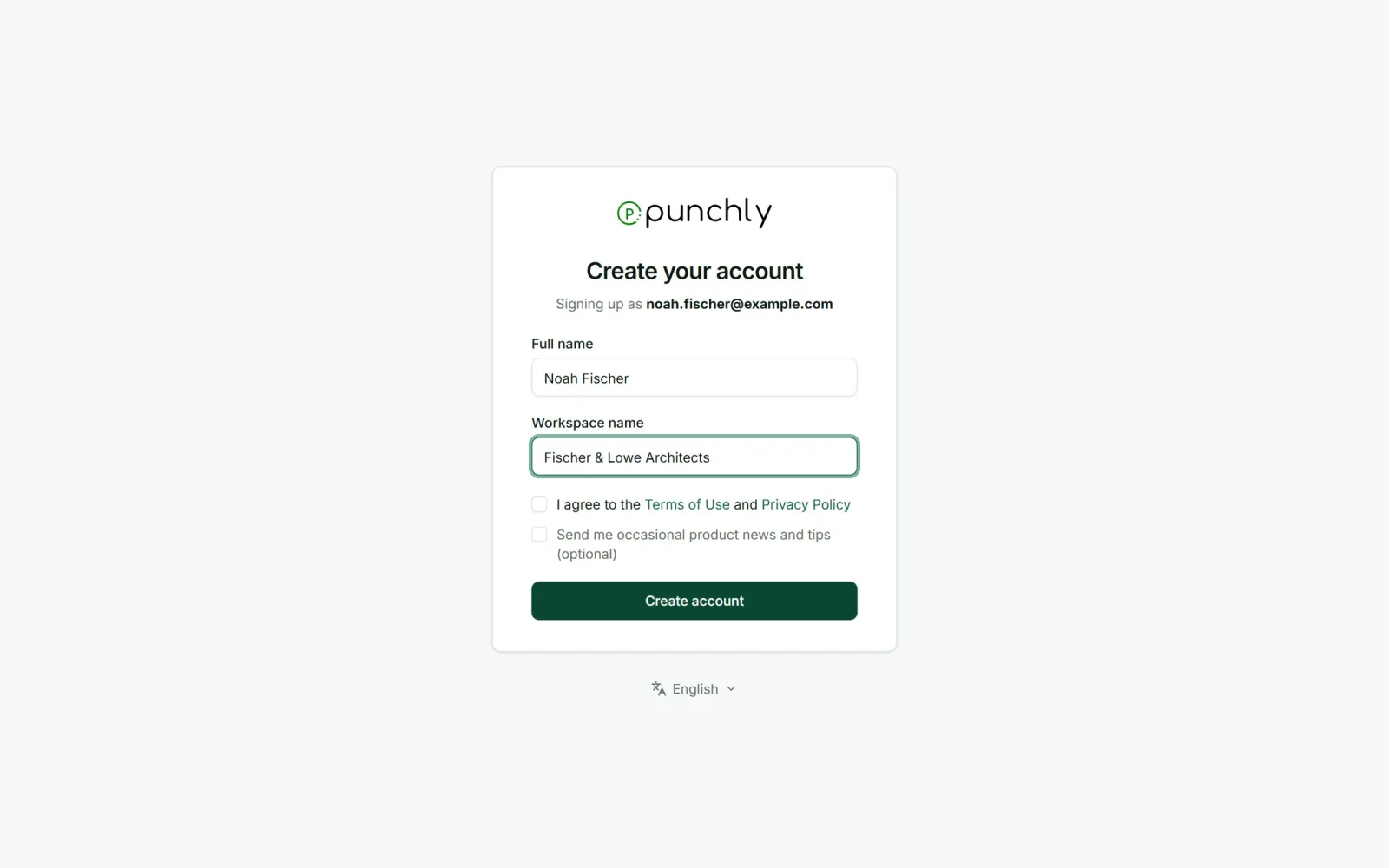 The Create your account form: full name, workspace name, terms.