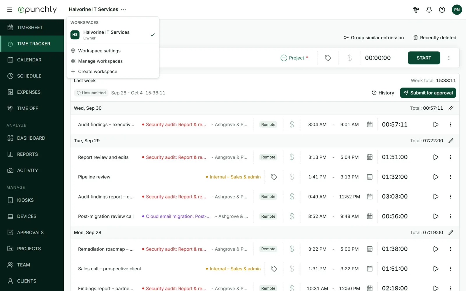 The workspace menu: the list of workspaces, Workspace settings, Manage workspaces, Create workspace.