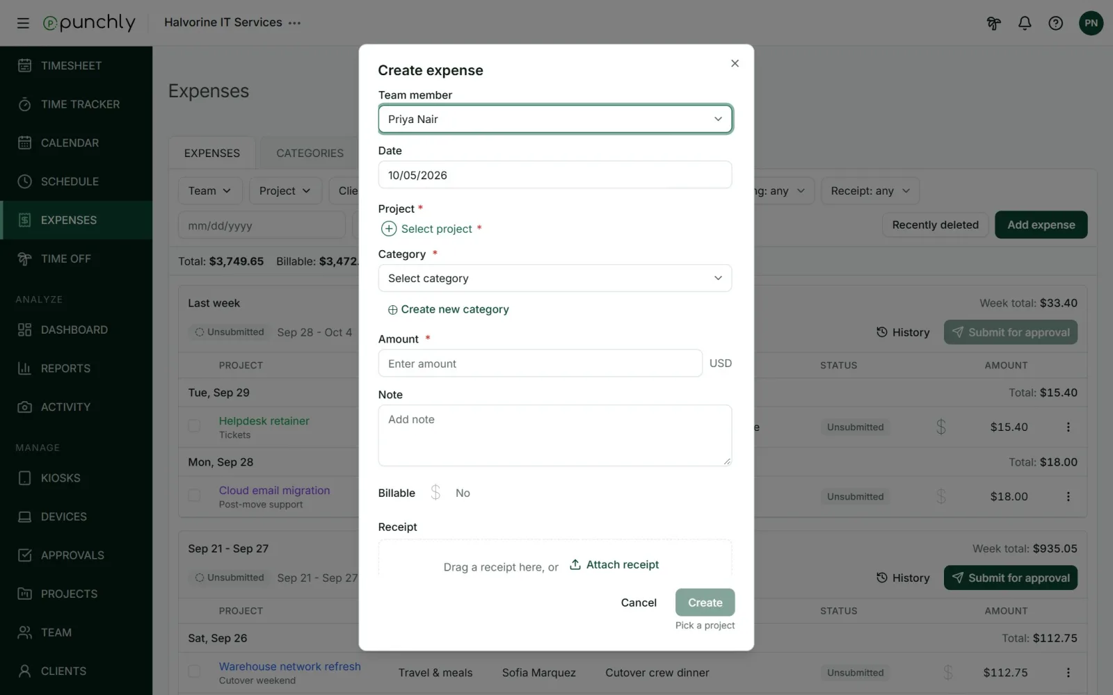 The Create expense dialog with team member, date, project, category, amount, note, billable and receipt.
