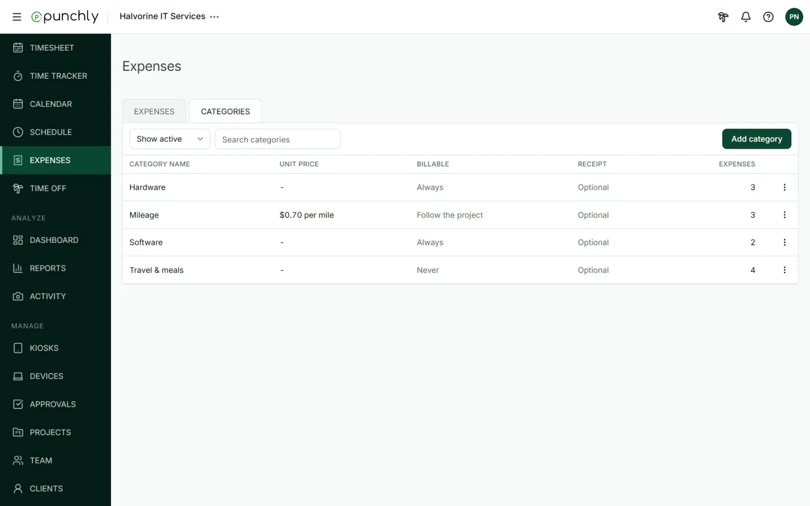 The Categories tab with each category's unit price, billable default and how many expenses use it.