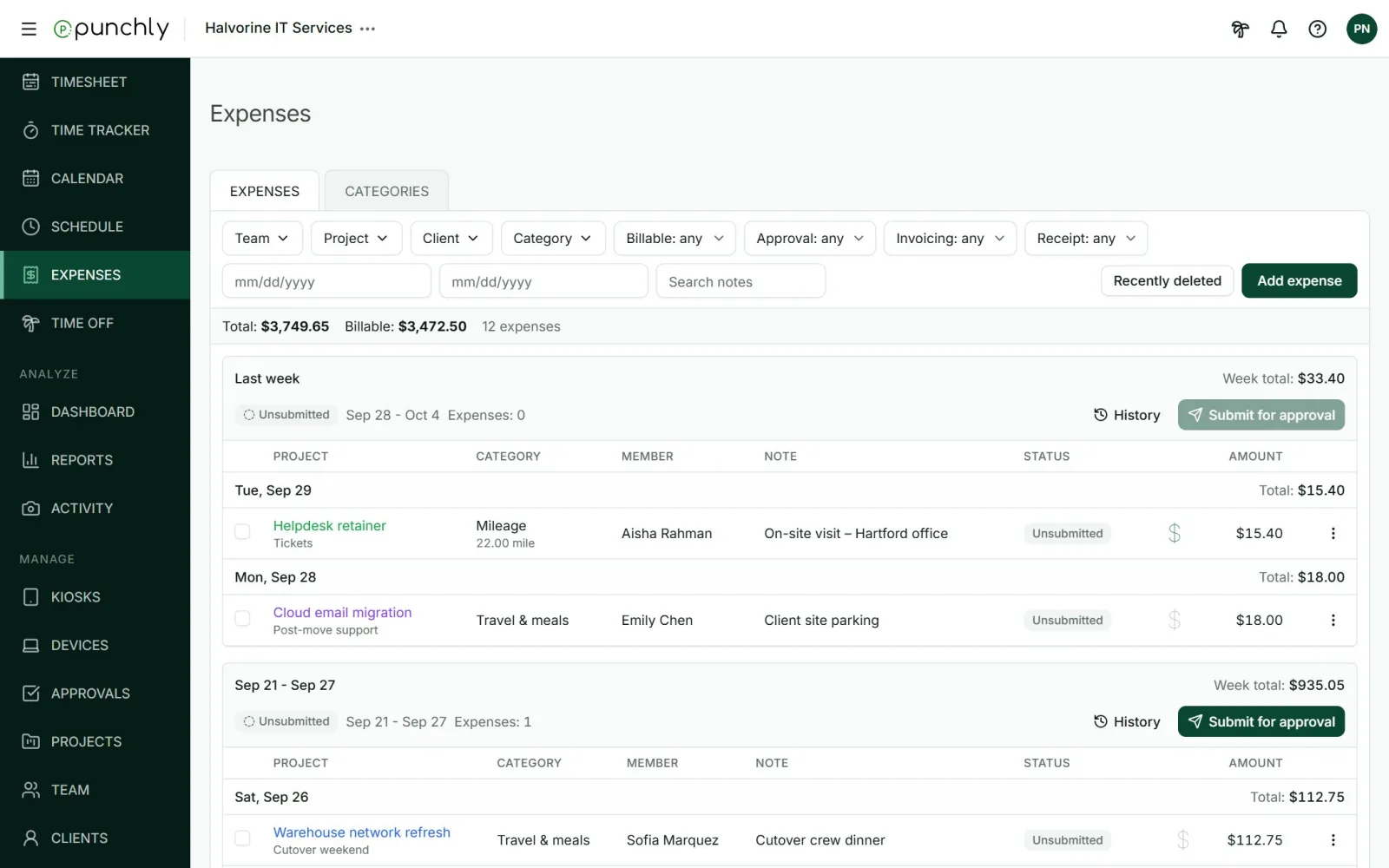 The Expenses screen listing expenses by week and day with project, category, note, status and amount.