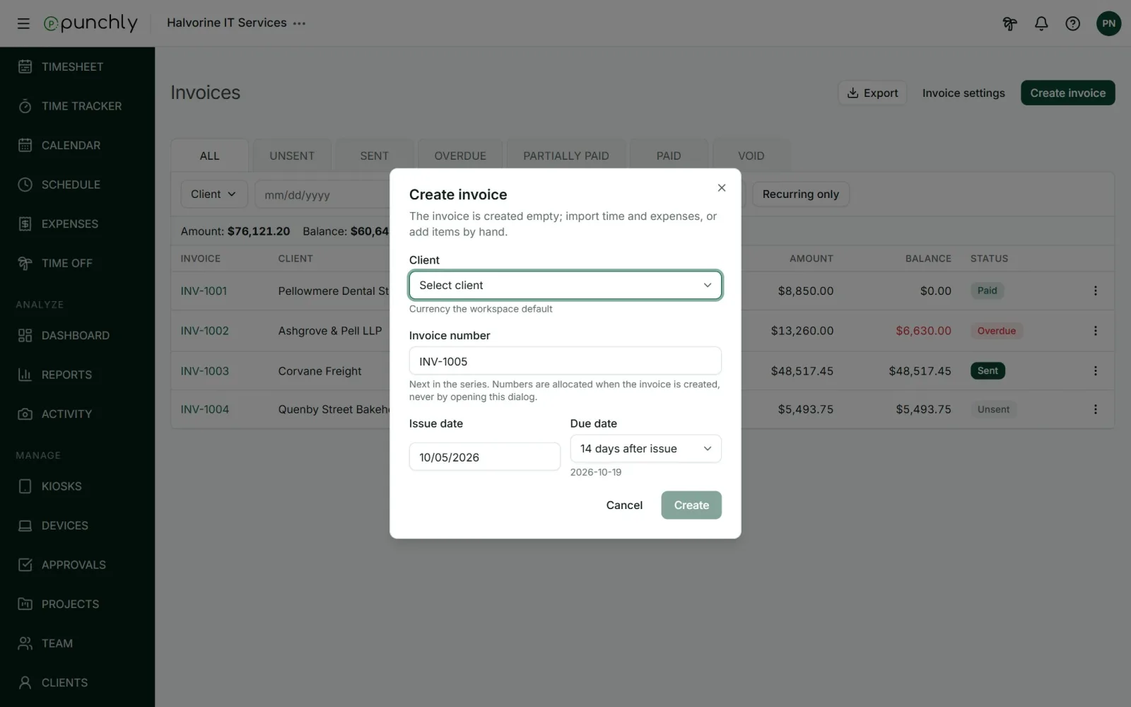 The Create invoice dialog with client, invoice number, issue date and due date.