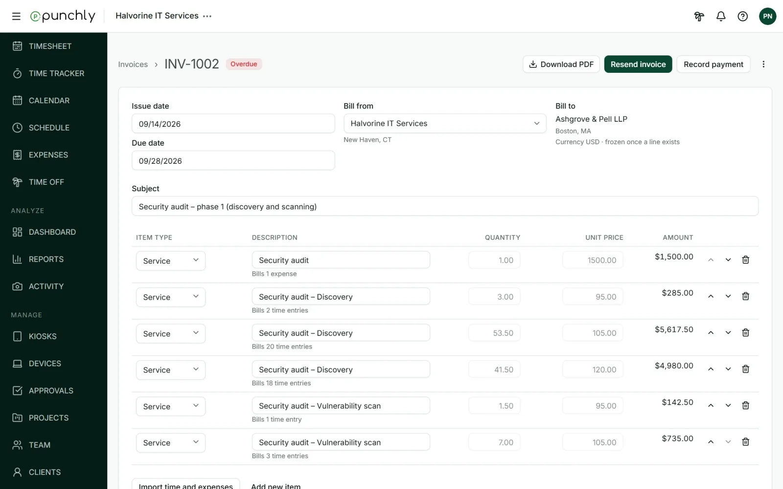 An invoice: issue and due date, bill from, bill to, subject and lines with item type, description, quantity, unit price and amount.