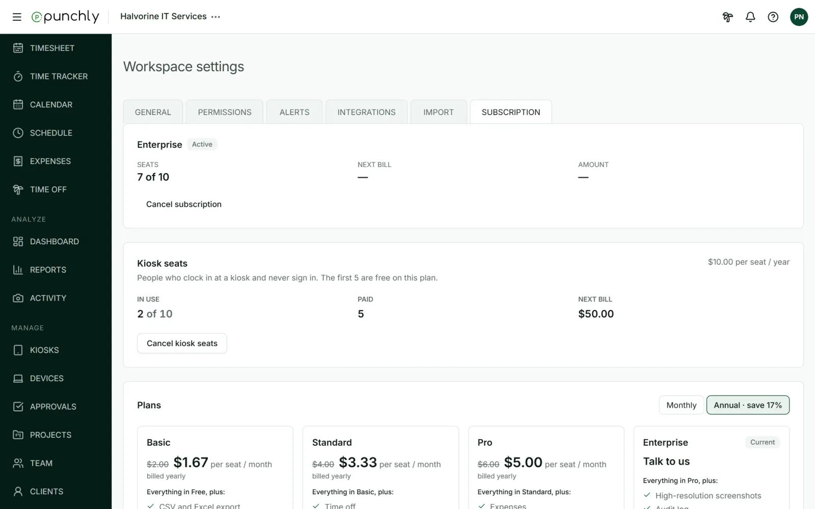 The Subscription tab with the current plan, seats in use, kiosk seats and the plan cards.