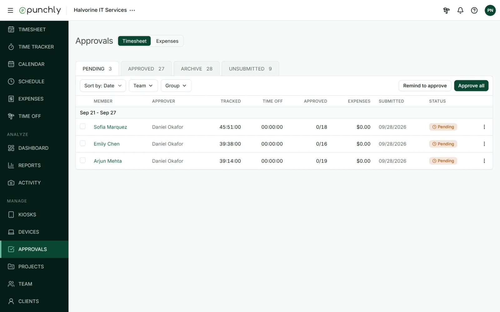 The Approvals screen on the Pending tab, listing requests by period with member, approver, tracked time and status.