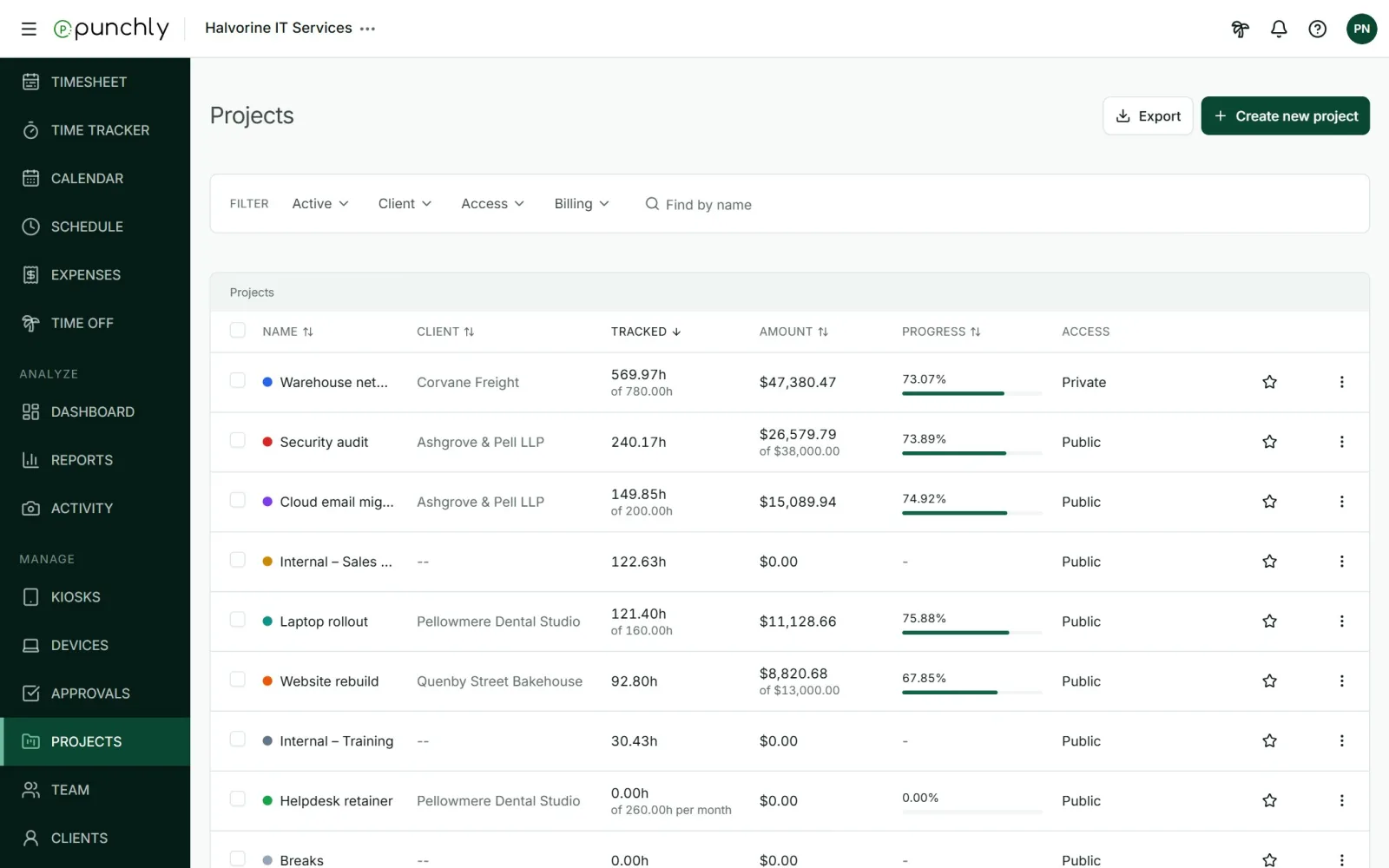 The Projects list with name, client, tracked hours, amount, progress and access for each project.