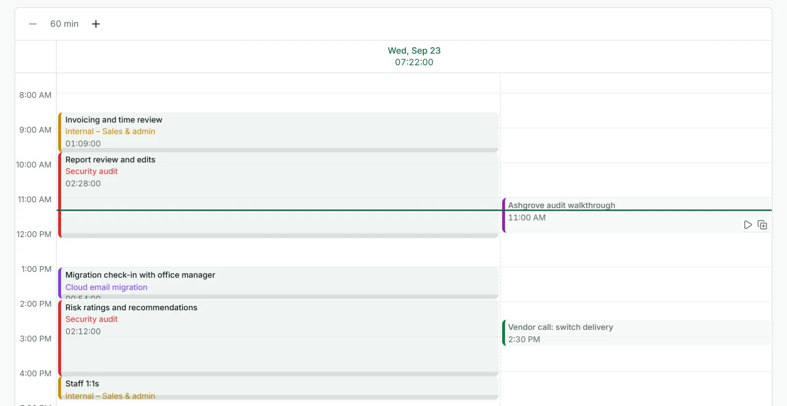 A meeting from a connected calendar beside tracked time in Punchly, with buttons to start a timer or copy it as a time entry
