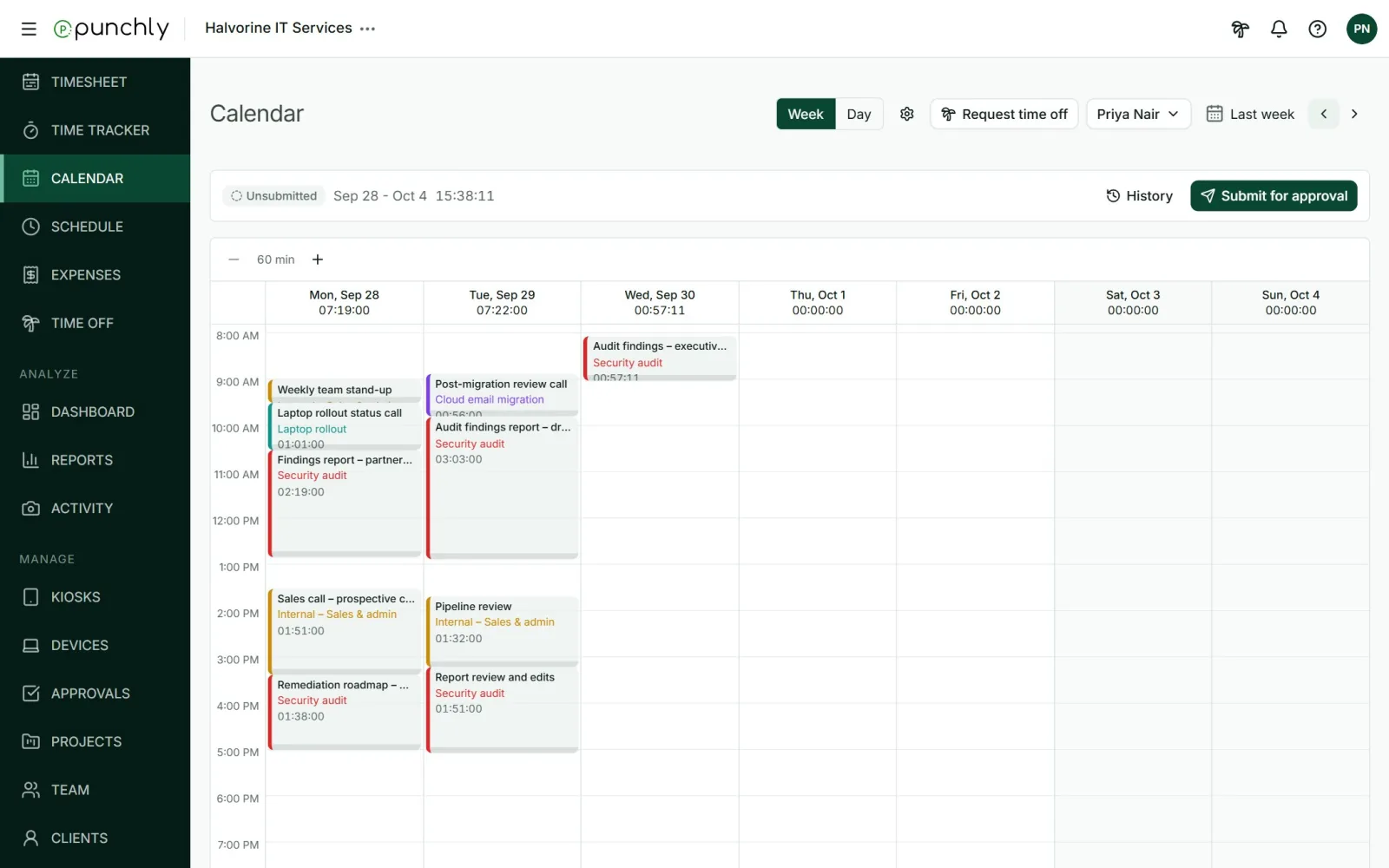 A week in the Punchly calendar with tracked time shown as colored blocks by project