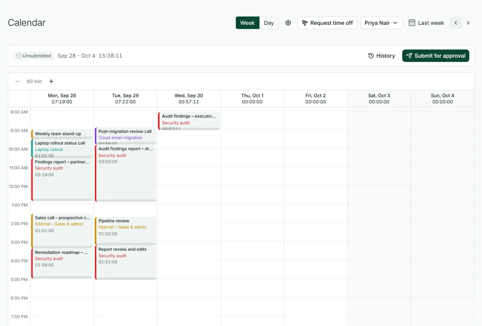 A week in the Punchly calendar with tracked time shown as colored blocks