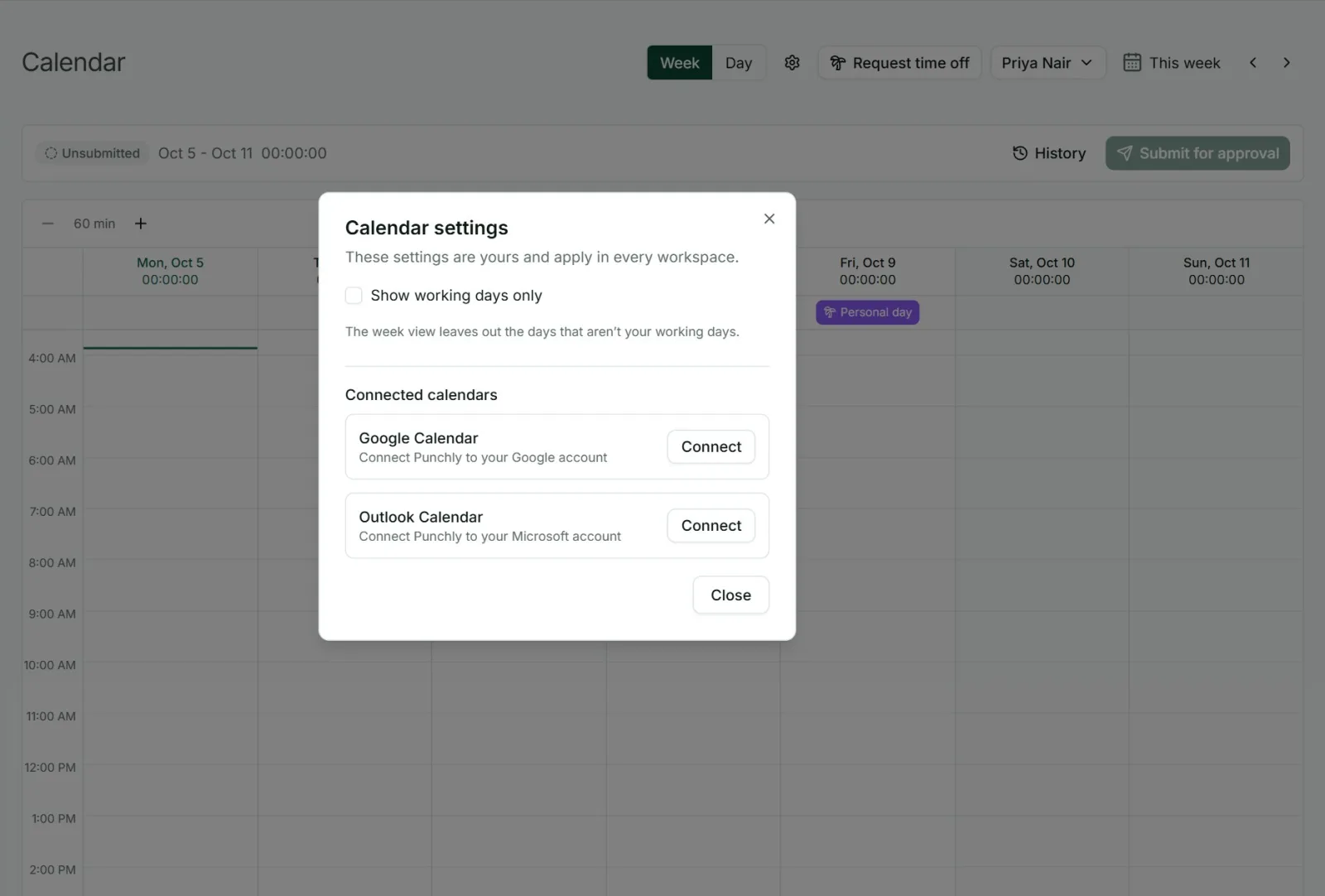 Punchly calendar settings with Google Calendar and Outlook Calendar ready to connect