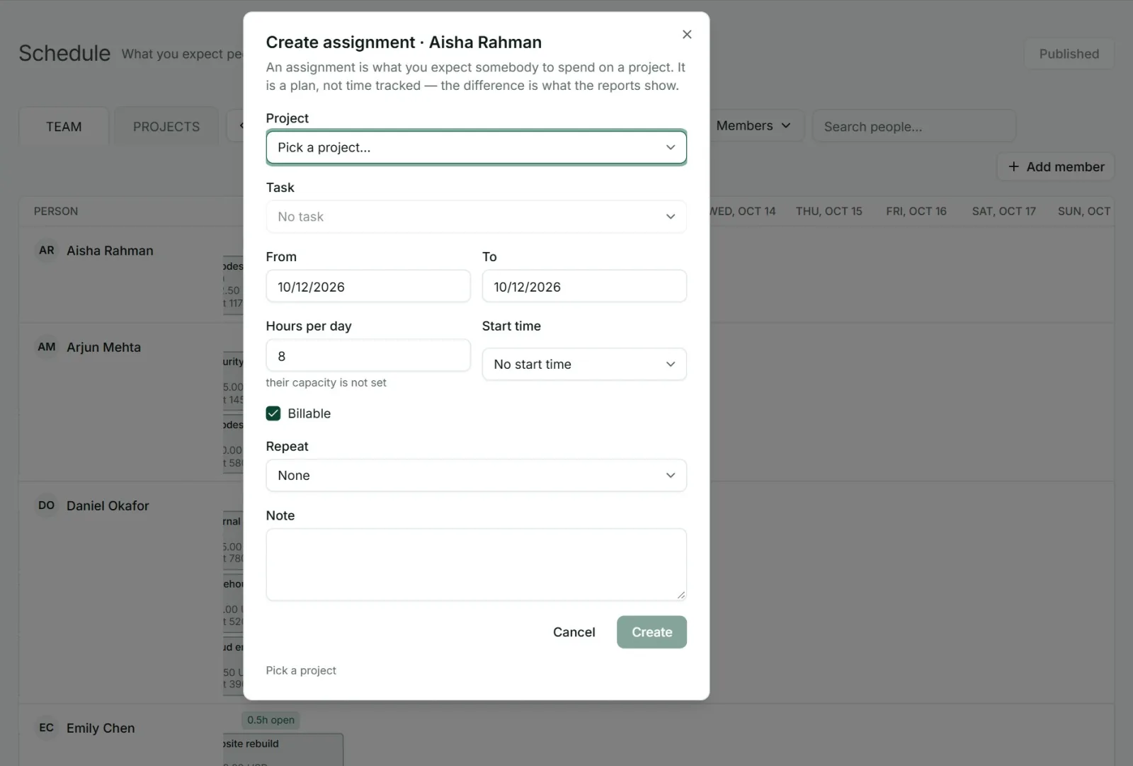 Creating an assignment in Punchly with a project, dates and hours per day