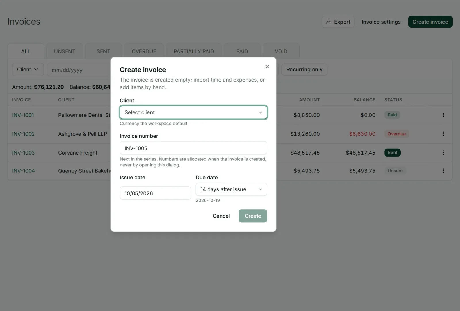 Creating an invoice in Punchly for a client with its number, issue date and due date